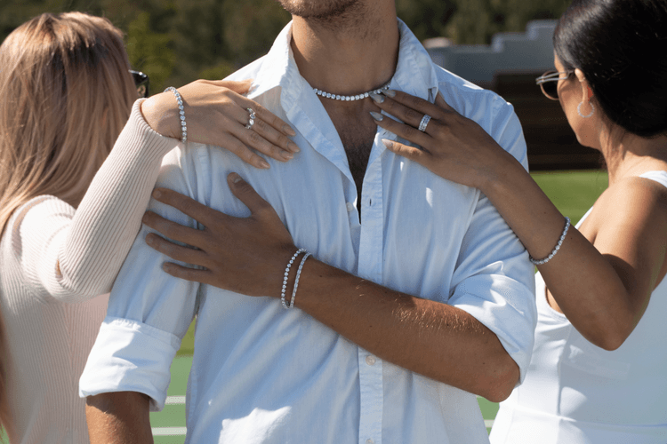 Swan & Co. rings, diamond necklaces and tennis bracelets worn together